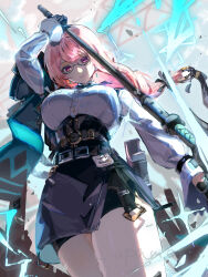 1girl absurdres black_skirt breasts closed_mouth cowboy_shot dress_shirt earrings from_below hair_between_eyes high-waist_skirt highres holding holding_polearm holding_weapon jewelry large_breasts long_hair looking_at_viewer mochi_upamo naginata outdoors pink_eyes pink_hair polearm shirt sidelocks skirt solo thighs tsukishiro_yanagi weapon white_shirt zenless_zone_zero