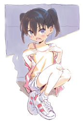 Rule 34 | &gt;:d, 10s, 1girl, bandaged leg, bandages, bare legs, bare shoulders, fang, full body, hands on own chest, head tilt, jacket, kuraue hinata, looking at viewer, matsuo yuusuke, off shoulder, open clothes, open jacket, open mouth, pink jacket, shadow, shoes, shorts, sitting, sneakers, solo, sweatdrop, twintails, v-shaped eyebrows, yama no susume