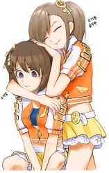Rule 34 | 2girls, :t, absurdres, bad id, bad pixiv id, bob cut, brown eyes, brown hair, closed eyes, fortissimo, futami mami, hagiwara yukiho, hair ornament, hand on another&#039;s head, heads together, highres, hug, hug from behind, idolmaster, matching outfits, midriff, miniskirt, multiple girls, musical note, musical note hair ornament, navel, ponytail, short hair, skirt, soayo, tearing up, white background, yuri