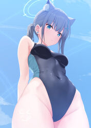 Rule 34 | 1girl, animal ear fluff, animal ears, black one-piece swimsuit, blue archive, blue eyes, blue sky, breasts, cloud, competition swimsuit, covered navel, cowboy shot, cross hair ornament, extra ears, from below, grey hair, hair ornament, halo, highleg, highleg swimsuit, low ponytail, medium breasts, medium hair, mismatched pupils, multicolored clothes, multicolored swimsuit, official alternate costume, one-piece swimsuit, prophecy (rakuichimonji), shiroko (blue archive), shiroko (swimsuit) (blue archive), sky, solo, standing, swimsuit, wolf ears
