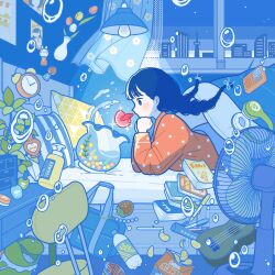 Rule 34 | 1girl, bag, bag of chips, black hair, blush, book, bottle, braid, bubble, chair, chips (food), clock, electric fan, fish, fishbowl, flower, food, guitar, headphones, highres, instrument, leaf, light bulb, long hair, long sleeves, nissin cup noodle, original, plant, profile, red flower, red shirt, red tulip, shirt, solo, sparkle, table, trash can, tulip, twin braids, white flower, white tulip, window, yellow flower, yellow tulip, yoshimon
