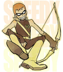 Rule 34 | 1boy, arrow (projectile), boots, bow (weapon), cartoon network, character name, dc comics, domino mask, full body, grin, image sample, male focus, mask, pixiv sample, quiver, resized, roy harper, shoes, smile, solo, speedy, teen titans, usshi, weapon, yellow footwear