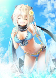 Rule 34 | 1girl, :d, adapted costume, aoi usagi (marinebluerabbit), belly chain, bent over, bikini, black bow, black scarf, blue bikini, blue bow, blue sky, bow, breasts, cleavage, cloud, day, closed eyes, facing viewer, fate (series), flower, front-tie bikini top, front-tie top, hair bow, hair flower, hair ornament, haori, japanese clothes, jewelry, koha-ace, medium breasts, navel, okita souji (fate), okita souji (koha-ace), open mouth, scarf, see-through, sheath, short hair, silver hair, sky, smile, solo, standing, swimsuit, sword, thigh gap, underboob, w, weapon, yellow flower
