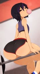 Rule 34 | 1girl, ass, bare shoulders, big hero 6, black hair, brown eyes, blowing bubbles, chewing gum, flat chest, from behind, gogo tomago, half-closed eyes, highres, huge ass, looking back, merunyaa, multicolored hair, purple hair, short hair, short shorts, shorts, sitting, solo, sports bra, streaked hair, sweat, thick thighs, thighs