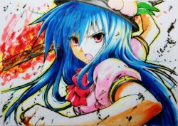 Rule 34 | 1girl, ballpoint pen (medium), beluo77, blue hair, bow, fighting stance, food, fruit, hat, hinanawi tenshi, long hair, open mouth, peach, red eyes, solo, sword of hisou, touhou, traditional media, weapon