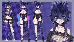 Rule 34 | 1girl, animal ears, artist name, bandaid, blue eyes, blue hair, bow, bowtie, bra, breasts, card, choker, cleavage, commentary, english commentary, fake animal ears, fishnets, full body, hair between eyes, heart, heart tattoo, high heels, highres, horns, indie virtual youtuber, large breasts, leotard, lip piercing, long sleeves, looking at viewer, multiple views, nanoless, navel, piercing, playboy bunny, rabbit ears, raccoon ears, raccoon girl, raccoon tail, short shorts, shorts, single thighhigh, skindentation, snuffy (vtuber), snuffy (vtuber) (smilfy 2.0), standing, striped clothes, striped thighhighs, tail, tattoo, thigh strap, thighhighs, torn clothes, torn shorts, underwear, virtual youtuber, watermark