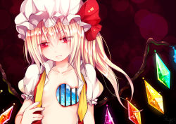 Rule 34 | 1girl, ascot, blonde hair, blush, flandre scarlet, fua yuu, hat, heart, heart-shaped hole, open clothes, open mouth, red eyes, revealing layer, short hair, side ponytail, solo, touhou, wings