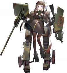 Rule 34 | ash arms, belt, bion (marfusha), breasts, brown hair, camera, camouflage, canno, full body, hair ornament, hairclip, hime cut, light frown, long hair, marfusha, mecha musume, official art, pantyhose, ponytail, purple eyes, shoes, small breasts, transparent background, uniform, weapon