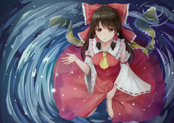 Rule 34 | 1girl, absurdres, ascot, asymmetrical bangs, bow, breasts, brown hair, collarbone, detached sleeves, dishiren, from above, hair bow, hair tubes, hakurei reimu, highres, kneeling, light particles, long hair, looking at viewer, looking up, medium breasts, nontraditional miko, partially submerged, ripples, skirt hold, solo, thighs, touhou, water, wide sleeves, yellow eyes