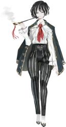 Rule 34 | 1girl, bad source, black eyes, black hair, black pants, coat, coat on shoulders, long sleeves, moses (project moon), multicolored hair, official art, pants, project moon, shirt, short hair, smoking, smoking pipe, striped clothes, striped pants, the distortion detective, transparent background, white shirt
