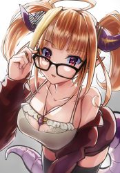 Rule 34 | 1girl, adjusting eyewear, ahoge, arm up, bad id, bad twitter id, bare shoulders, black-framed eyewear, black thighhighs, blonde hair, blunt bangs, bow, breasts, bright pupils, camisole, cleavage, cleavage cutout, clothing cutout, commentary request, cowboy shot, diagonal-striped bow, dragon girl, dragon horns, dragon tail, fangs, frilled camisole, frills, glasses, gradient background, grey background, hair intakes, highres, hololive, horn bow, horn ornament, horns, jacket, jewelry, kiryu coco, kiryu coco (loungewear), large breasts, leaning forward, long sleeves, looking at viewer, medium hair, multicolored eyes, multicolored hair, nokotate, off shoulder, official alternate costume, orange hair, parted lips, pendant, pointy ears, purple eyes, red eyes, red jacket, scales, sidelocks, simple background, skin fangs, slit pupils, solo, spaghetti strap, streaked hair, striped, striped bow, tail, thighhighs, track jacket, twintails, virtual youtuber, white background, white camisole, white pupils