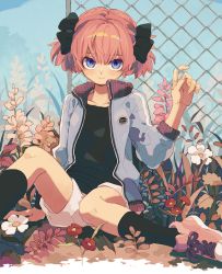 Rule 34 | 1girl, black bow, black shirt, black socks, blue eyes, bow, chain-link fence, closed mouth, fence, fingernails, flower, grey jacket, hair bow, hand up, jacket, ka (marukogedago), long sleeves, looking at viewer, open clothes, open jacket, original, pink footwear, pink hair, red flower, shirt, shoes, short hair, shorts, sitting, smile, socks, solo, twintails, white shorts