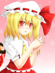 Rule 34 | 1girl, blonde hair, blouse, collared shirt, dotera, embodiment of scarlet devil, female focus, flandre scarlet, frilled vest, frills, from side, gradient background, hair between eyes, hanazome dotera, hat, mob cap, pink background, red eyes, shirt, side ponytail, solo, touhou, vest, white hat, white shirt, wings