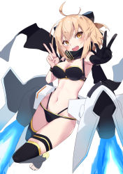 Rule 34 | 1girl, ahoge, armpit peek, bikini, black bikini, black gloves, black scarf, black thighhighs, blonde hair, blue fire, blush, bow, breasts, cleavage, cube (cube00), double v, elbow gloves, fate/grand order, fate (series), fire, full body, gloves, hair bow, jetpack, looking at viewer, medium breasts, midriff, navel, okita j. souji (fate), okita j. souji (first ascension) (fate), okita souji (fate), okita souji (koha-ace), open mouth, scarf, short hair, simple background, single glove, smile, solo, swimsuit, thigh strap, thighhighs, thighs, v, white background, wristband, yellow eyes