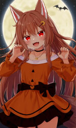 1girl :d animal_ears bat_(animal) black_choker black_sash brown_hair choker claw_pose dress fangs fish_pendant frilled_dress frills full_moon halloween highres jewelry long_hair long_sleeves looking_at_viewer moon necklace night off-shoulder_dress off_shoulder open_mouth orange_dress original rade_(rade_552) red_eyes sash short_dress smile tail v-shaped_eyebrows wolf_ears wolf_girl wolf_tail