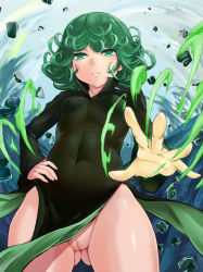 Rule 34 | 1girl, bare hips, black dress, cleft of venus, covered navel, dress, floating rock, gluteal fold, green eyes, green hair, hand on own hip, looking at viewer, matching hair/eyes, no panties, one-punch man, pelvic curtain, pussy, short hair, skin tight, solo, tatsumaki, uncensored, yamasan (hachiman)