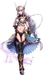 Rule 34 | 1girl, absurdres, aqua eyes, armor, bare shoulders, bikini armor, boots, braid, breastplate, feathers, full body, hand on own hip, helmet, highres, knee boots, lenneth valkyrie, light purple hair, long hair, looking at viewer, low-braided long hair, low-tied long hair, navel, official art, shoulder armor, shoulder pads, simple background, solo, standing, sword, thighhighs, turtleneck, valkyrie anatomia, valkyrie profile (series), very long hair, weapon, white background