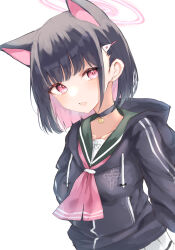 Rule 34 | 1girl, animal ears, arms behind back, black choker, black hair, black hoodie, blue archive, breasts, cat ears, choker, collarbone, colored inner hair, commentary request, extra ears, green sailor collar, hair ornament, hairclip, halo, highres, hood, hood down, hoodie, kazusa (blue archive), long sleeves, looking at viewer, medium breasts, multicolored hair, neckerchief, noko (nco029685627), open mouth, pink eyes, pink hair, pink halo, pink neckerchief, sailor collar, short hair, simple background, solo, upper body, white background