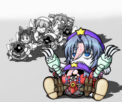 Rule 34 | 4girls, blue eyes, bow, chibi, chinese clothes, dom (mobile suit), drill hair, female focus, gundam, hair bow, hat, hime cut, ichien, ichien (ichien jinsei), kapool, luna child, mechanization, miyako yoshika, multiple girls, outstretched arms, shoes, star (symbol), star sapphire, sunny milk, touhou, zombie pose