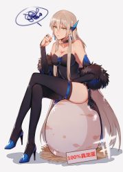 Rule 34 | 1girl, bad id, bad twitter id, bare shoulders, black thighhighs, blonde hair, blue footwear, breasts, chinese commentary, chinese text, choker, cleavage, clenched hand, commentary request, crossed legs, detached sleeves, egg, fate (series), fur trim, green eyes, grey background, high heels, large breasts, long hair, morgan le fay (fate), shadow, sign, sitting, solo, sparkle, spoken squiggle, squiggle, tattoo, thighhighs, translation request, very long hair, yorukun