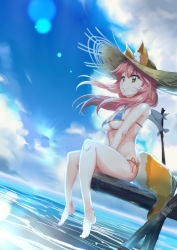 Rule 34 | 10s, 1girl, animal ears, bikini, blue bikini, breasts, cleavage, commentary request, day, ears through headwear, fate/extra, fate/grand order, fate (series), fox ears, fox tail, haku (grimjin), hat, highres, large breasts, long hair, navel, ocean, outdoors, pink hair, sitting, solo, swimsuit, tail, tamamo (fate), tamamo no mae (fate/extra), tamamo no mae (swimsuit lancer) (fate), yellow eyes