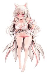 Rule 34 | 1girl, absurdres, alternate breast size, animal ears, armband, bare legs, bare shoulders, barefoot, blush, breasts, cleavage, collarbone, commission, dress, elsword, eve (elsword), full body, gloves, heart, heart-shaped pupils, highres, large breasts, long hair, looking at viewer, navel, panties, panty pull, pink eyes, solo, standing, symbol-shaped pupils, underwear, very long hair, white dress, white hair, zerocat