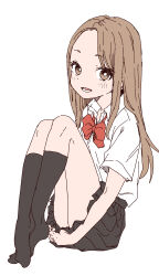 Rule 34 | 1girl, absurdres, black skirt, black socks, blush, bow, bowtie, brown eyes, brown hair, commentary request, highres, long hair, looking at viewer, open mouth, original, red bow, red bowtie, school uniform, shirt, short sleeves, simple background, sitting, skirt, socks, solo, white background, white shirt, yamamoto souichirou
