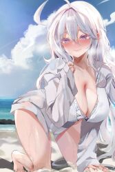 Rule 34 | 1girl, absurdres, ahoge, all fours, antenna hair, beach, bikini, blue sky, blush, breasts, cleavage, closed mouth, cloud, collarbone, commentary request, day, dolechan, dress shirt, frilled bikini, frills, hair between eyes, highres, kneeling, large breasts, long hair, looking at viewer, ocean, original, outdoors, purple eyes, shirt, sidelocks, sky, smile, solo, sweat, swimsuit, swimsuit under clothes, variant set, white bikini, white hair, white shirt