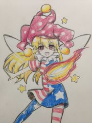 Rule 34 | &gt;:d, 1girl, :d, american flag, american flag dress, american flag legwear, blush, clownpiece, commentary request, cowboy shot, efukei, fairy wings, hair between eyes, hat, jester cap, long hair, looking at viewer, neck ruff, one-hour drawing challenge, open mouth, pantyhose, polka dot, short sleeves, smile, solo, standing, star (symbol), torch, touhou, traditional media, v-shaped eyebrows, wings