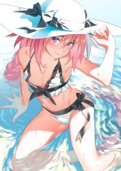 Rule 34 | 1boy, astolfo (fate), bikini, black ribbon, blush, braid, bulge, closed mouth, commentary request, crossdressing, embarrassed, erection, erection under clothes, fate/apocrypha, fate (series), fingernails, fukushi ryouhei, hair between eyes, hair ribbon, hand on headwear, hand up, hat, hat ribbon, highres, long hair, looking at viewer, male focus, navel, nipple slip, nipples, official alternate costume, pink hair, purple eyes, ribbon, side-tie bikini bottom, sitting, solo, sun hat, swimsuit, trap, very long hair, wet, white bikini, white hat