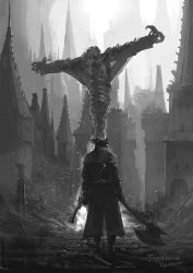 Rule 34 | 1other, ambiguous gender, artist name, axe, bloodborne, building, city, coat, copyright name, corpse, cross, facing away, fire, full body, furry, furry male, gun, hat, highres, holding, holding axe, holding gun, holding weapon, hunter (bloodborne), outdoors, solo, standing, tripdancer, weapon, werewolf