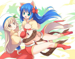 Rule 34 | 2girls, :d, animal ears, asymmetrical docking, bikini, bikini top only, blonde hair, blue hair, blush, boots, bow, breast press, breasts, brooch, brown capelet, brown gloves, capelet, cat brooch, cat ears, cleavage, commentary request, elbow gloves, emurin, flat chest, full body, gloves, green eyes, hair bow, highres, hug, jewelry, large breasts, leaf hat ornament, long hair, looking at viewer, low-tied long hair, mage (ragnarok online), majiko (emurin), midriff, multiple girls, navel, open mouth, paw print tattoo, pelvic curtain, ragnarok online, red bikini, red bow, red footwear, red skirt, showgirl skirt, skirt, smile, star-shaped pupils, star (symbol), star brooch, swimsuit, symbol-shaped pupils, tam (ragnarok online), white headwear