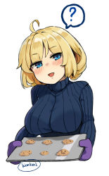 Rule 34 | 1girl, ?, ahoge, artist name, blonde hair, blue eyes, blue sweater, blush, breasts, commentary, cookie, english commentary, food, girls&#039; frontline, gloves, highres, holding, kion-kun, large breasts, long sleeves, m1911 (girls&#039; frontline), open mouth, ribbed sweater, short hair, simple background, smile, solo, spoken question mark, sweater, turtleneck, turtleneck sweater, upper body, white background