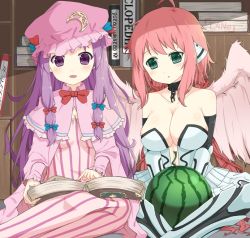 Rule 34 | 2girls, angel wings, artist name, bare shoulders, blush, book, bookshelf, breasts, capelet, chain, cleavage, cleavage cutout, clothing cutout, collar, crescent, crossover, dress, food, fruit, green eyes, hair ribbon, hat, ikaros, l4no, large breasts, long hair, long sleeves, looking down, low twintails, mob cap, multiple girls, open book, open mouth, patchouli knowledge, pink hair, purple eyes, purple hair, reading, ribbon, robot ears, sitting, smile, sora no otoshimono, striped clothes, striped dress, touhou, tress ribbon, twintails, watermelon, wings