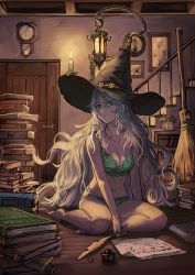 Rule 34 | 1girl, absurdres, animal, bare shoulders, black hat, book, book stack, bookshelf, bra, broom, bug, butterfly, candle, clock, closed mouth, collarbone, door, eyelashes, fire, gem, green bra, green eyes, green gemstone, green panties, green ribbon, grey hair, hair between eyes, hat, highres, holding, holding pen, indoors, inkwell, insect, lantern, long eyelashes, long hair, messy hair, navel, original, panties, paper, pen, picture frame, plant, potted plant, quill, railing, ribbon, scroll, sitting, solo, stairs, suru (seiya), torn, torn clothes, torn hat, underwear, very long hair, witch, witch hat, wooden floor, writing