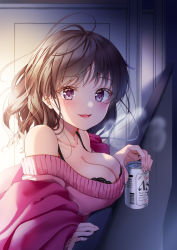 Rule 34 | 1girl, bare shoulders, beer can, breasts, breath, brown hair, can, cleavage, collarbone, commentary request, drink can, highres, holding, holding can, long sleeves, looking at viewer, medium breasts, night, off-shoulder sweater, off shoulder, original, outdoors, parted lips, pink sweater, purple eyes, sleeves past wrists, smile, solo, sweater, yoshida iyo