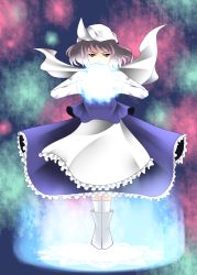 Rule 34 | 1girl, apron, arms up, aura, blue eyes, boots, covering own mouth, hat, highres, letty whiterock, light, light purple hair, looking at viewer, multicolored background, sag (tkddkrja), scarf, short hair, skirt, skirt set, snowflakes, socks, solo, touhou, waist apron