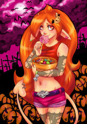 Rule 34 | 1boy, candy, demon, food, halloween, horns, lollipop, long hair, male focus, original, outdoors, pumpkin, red eyes, red theme, shorts, sky, solo, tail, topic, trap