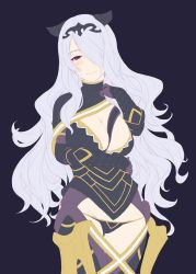Rule 34 | 1girl, breasts, camilla (fire emblem), cleavage, fire emblem, fire emblem fates, hair over one eye, jpeg artifacts, large breasts, long hair, nintendo, purple hair, simple background, solo, syacyo