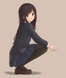 Rule 34 | 1girl, :t, black eyes, black footwear, black hair, black pantyhose, blazer, blush, brown background, burenbo, burenbo-chan, closed mouth, from side, jacket, loafers, long hair, looking at viewer, original, pantyhose, pout, school uniform, shoes, simple background, solo, squatting, swept bangs