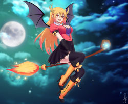 Rule 34 | 1girl, :d, absurdres, alternate costume, bat wings, between legs, black gloves, black skirt, blurry, boots, breasts, broom, broom riding, cleavage, cloud, cloudy sky, cross-laced footwear, depth of field, elbow gloves, fang, flying, full body, full moon, gloves, gradient hair, hair between eyes, halloween, halloween costume, hand between legs, high-waist skirt, high heel boots, high heels, highres, horns, j adsen, kobayashi-san chi no maidragon, lace-up boots, large breasts, long hair, looking at viewer, magic, moon, multicolored hair, night, night sky, open mouth, orange footwear, orange hair, outdoors, pink hair, pleated skirt, puffy short sleeves, puffy sleeves, red eyes, red shirt, shirt, short sleeves, signature, skirt, sky, slit pupils, smile, solo, thighhighs, thighhighs under boots, tohru (maidragon), wings