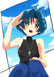 Rule 34 | 1girl, antenna hair, blue eyes, blue pants, blush, breasts, brown eyes, cloud, hand on own knee, head tilt, highres, jewelry, kamon rider, looking at viewer, muv-luv, muv-luv alternative, necklace, open mouth, pants, parted bangs, salute, sky, small breasts, smile, solo, yoroi mikoto