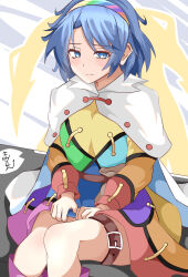 Rule 34 | 1girl, blue eyes, blue hair, boots, cape, cloak, commentary request, dress, hairband, highres, kakineko, multicolored clothes, multicolored dress, multicolored hairband, patchwork clothes, pink footwear, rainbow gradient, short hair, sky print, solo, tenkyuu chimata, touhou, two-sided cape, two-sided fabric, white cape, white cloak, zipper