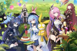 Rule 34 | 5girls, absurdres, ahk dh, ahoge, aponia (honkai impact), balloon, bare legs, beret, black sleeves, black thighhighs, blue eyes, blue hair, breasts, brown dress, brown hair, cake, child, cleavage, closed mouth, cup, day, dress, drinking straw, eden (honkai impact), elysia (honkai impact), elysia (miss pink elf) (honkai impact), food, fu hua, fu hua (shadow knight), glass, grass, grey hair, griseo, griseo (starry impression), hand on table, hat, highres, holding, holding stuffed toy, homei (honkai impact), homu (honkai impact), honkai (series), honkai impact 3rd, large breasts, light brown hair, long hair, looking at food, looking at viewer, looking down, looking up, multiple girls, nun, open mouth, outdoors, pink hair, purple eyes, sitting, small breasts, smile, standing, stuffed animal, stuffed toy, table, thighhighs, veil, white dress