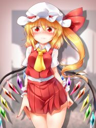 Rule 34 | 1girl, alternate breast size, ascot, blonde hair, blurry, blurry background, blush, breasts, buttons, closed mouth, collared shirt, cowboy shot, crystal, dress shirt, fang, fang out, flandre scarlet, hair between eyes, hat, hat ribbon, highres, long hair, marukyuu ameya, medium breasts, miniskirt, mob cap, multicolored wings, nail polish, nose blush, red eyes, red nails, red ribbon, red skirt, red vest, ribbon, shirt, short sleeves, skin fang, skirt, solo, touhou, vest, white shirt, wings, wrist cuffs, yellow ascot