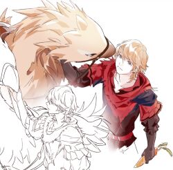 Rule 34 | 1boy, bird, black gloves, blonde hair, blue eyes, chocobo, closed mouth, final fantasy, final fantasy xvi, food, from above, gloves, hair between eyes, holding, holding food, holding vegetable, joshua rosfield, light smile, male focus, medium hair, multiple views, nuoi407, red scarf, scarf, sketch, upper body, vegetable, white background