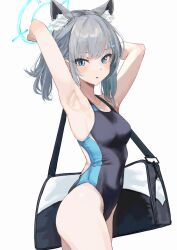 Rule 34 | 1girl, absurdres, animal ear fluff, animal ears, armpits, arms up, bare arms, bare shoulders, black one-piece swimsuit, blue archive, blue eyes, blush, breasts, collarbone, competition swimsuit, covered navel, cowboy shot, cross hair ornament, extra ears, grey hair, hair ornament, halo, highleg, highleg swimsuit, highres, looking at viewer, medium breasts, medium hair, mismatched pupils, multicolored clothes, multicolored swimsuit, official alternate costume, one-piece swimsuit, open mouth, shiroko (blue archive), shiroko (swimsuit) (blue archive), simple background, solo, standing, swimsuit, takamiya2222, wolf ears