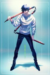 Rule 34 | 1boy, absurdres, aged down, black hair, blue eyes, blurry, boots, border, depth of field, facing viewer, full body, fushiguro touji, hair between eyes, highres, holding, holding weapon, jujutsu kaisen, koujisako, light particles, looking at viewer, loose clothes, loose shirt, male focus, multicolored background, nunchaku, outside border, pants, parted lips, reflection, scar, scar on face, shadow, shirt, short hair, sleeves past elbows, solo, sweater, text focus, tight clothes, tight pants, tongue, tongue out, v-neck, weapon