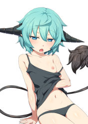Rule 34 | 1girl, arm support, black panties, blue eyes, blue hair, blush, breast slip, breasts, camisole, demon girl, demon tail, fegor, female focus, hair between eyes, horns, looking at viewer, makai shin trillion, mdf an, navel, nipples, open mouth, panties, short hair, simple background, sitting, small breasts, solo, strap slip, tail, underwear, underwear only, white background, yawning