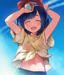 Rule 34 | 1girl, :d, ^ ^, armpit peek, armpits, arms up, beanie, blue sky, blush, bracelet, closed eyes, contrail, creatures (company), day, flat chest, floral print, game freak, glint, happy, hat, holding, holding poke ball, jewelry, laughing, light particles, midriff, mutsuki (user rbz7507), navel, nintendo, open mouth, poke ball, poke ball (basic), pokemon, pokemon sm, print shirt, red hat, selene (pokemon), shirt, short hair, shorts, sky, smile, solo, stomach, swept bangs, tied shirt, upper body, wide sleeves